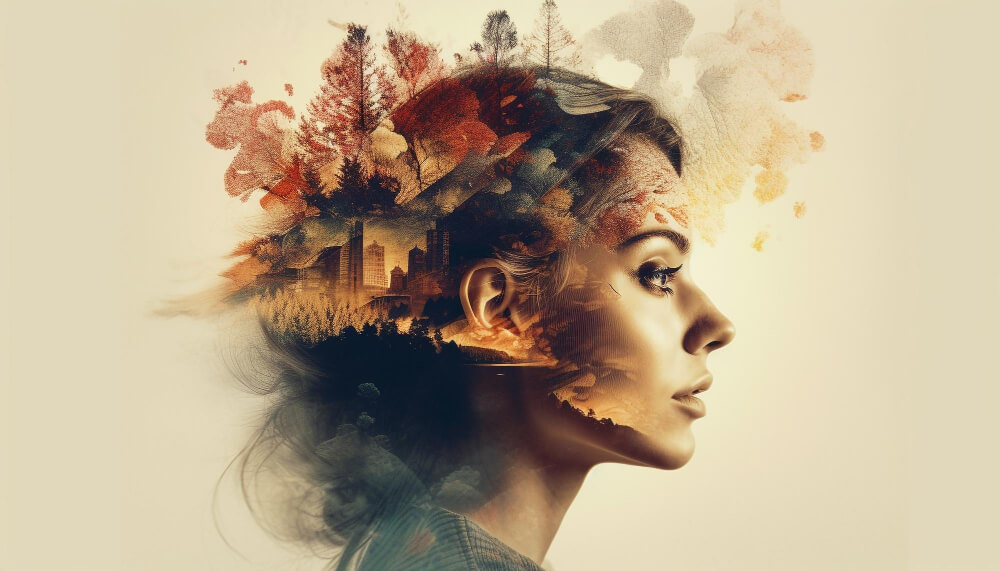 An Asian woman stands triumphantly on a mountain peak at sunrise, surrounded by warm hues and a striking mountain backdrop.